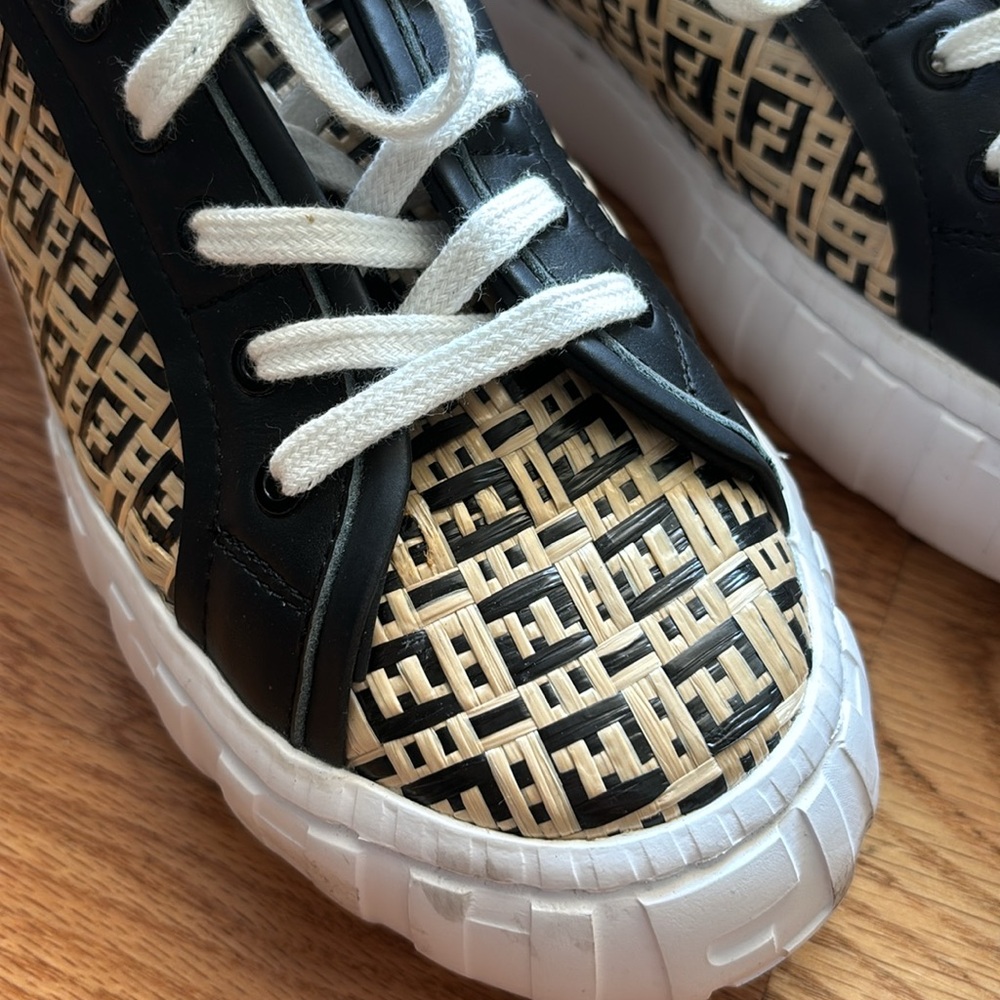 Authentic Fendi Black & Beige “Raffia” Forever Fendi Sneakers